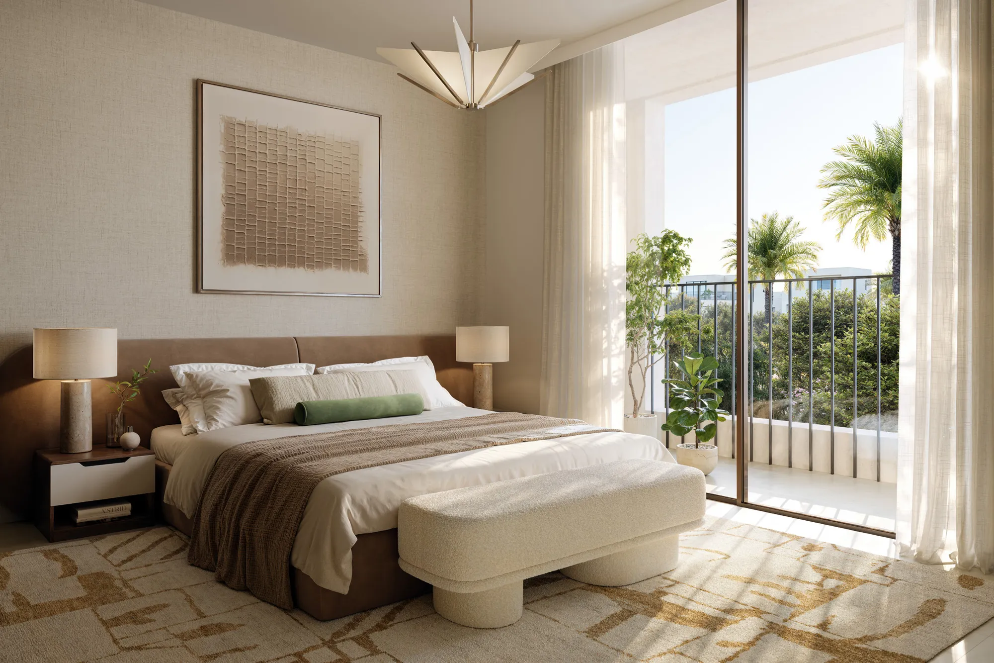 Bedroom in soft neutrals with doors to a leafy balcony